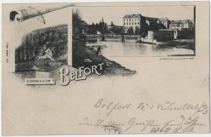 Belfort, [mosaïque de 2 vues], le château et le Lion, la Savoureuse et le collège Ste Marie.