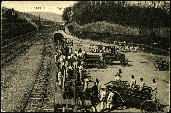 Belfort, 9e Régiment d'Artillerie à Pied, débarquement d'une batterie de Siège.
