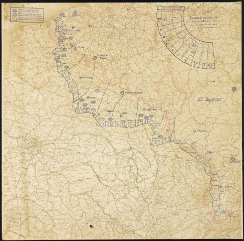 Cartes militaires de situation du front occidental (1916-1918), annotées par le 2e Bureau de la 14e Division d'infanterie, entre 24 janvier 1916 et 23 septembre 1918.