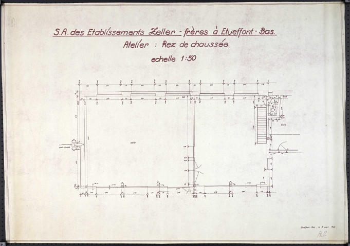 Etueffont-Bas, "Société Anonyme des Etablissement Zeller Frères", plan Atelier , rez-de-chaussée (plan de masse), 6 avril 1948.