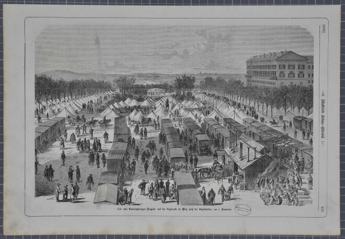 Tentes et wagons du chemin de fer pour l'hôpital de Metz suite à la capitulation d'octobre 1870.