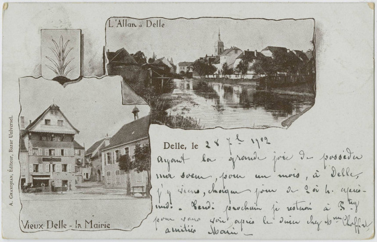 [mosaïque de 2 vues avec blason de la ville], Vieux Delle la Mairie, l'Allan à Delle.
