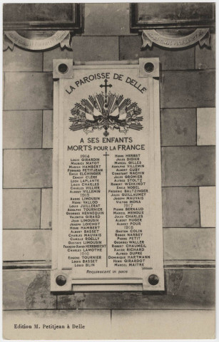 [Plaque commémorative : La paroisse de Delle à ses enfants Morts pour la France].
