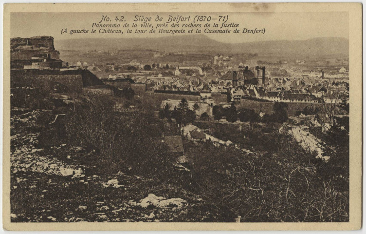 Siège de Belfort (1870-71), panorama de la ville, près des rochers de la Justice (à gauche le château, la tour de Bourgeois et la casemate de Denfert).