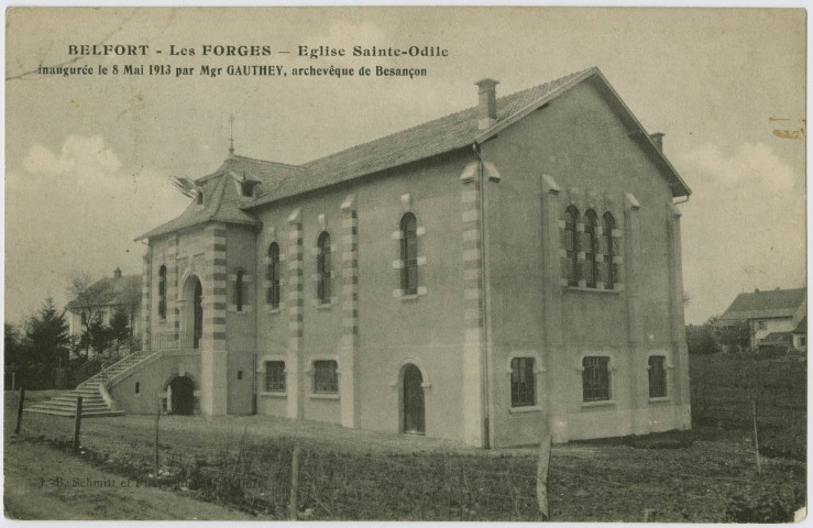 Belfort, les Forges, église Sainte-Odile inaugurée le 8 mai 1913 par Mgr Gauthey, archevêque de Besançon.