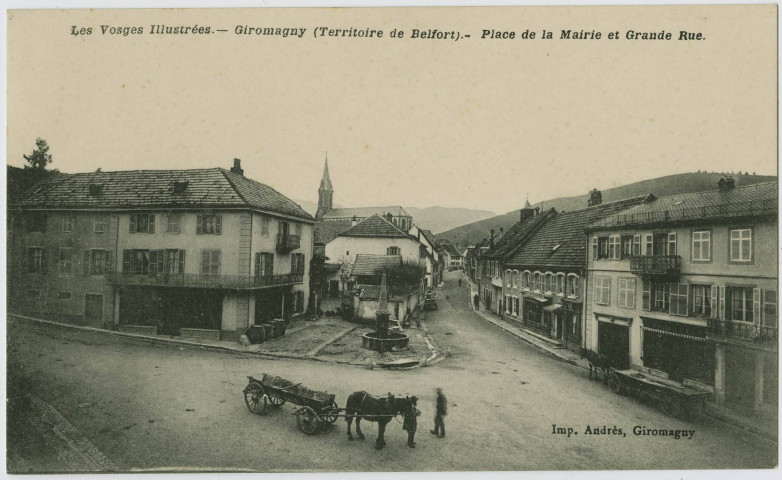 Les Vosges illustrées, Giromagny (Territoire de Belfort), place de la mairie et Grande Rue.