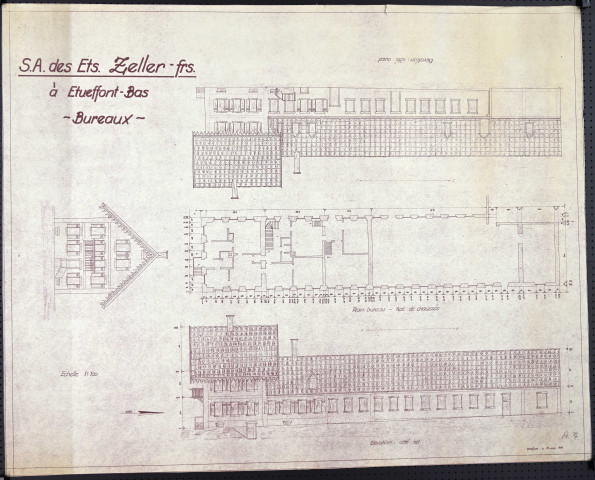 Etueffont-Bas, "Société Anonyme des Etablissement Zeller Frères", plan (élévations et coupes), bureaux, 15 mars 1948.