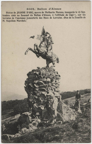 Statue de Jeanne d’Arc, œuvre de Mathurin Moreau, inaugurée le 19 septembre 1909 au sommet du Ballon d'Alsace, à l'altitude de 1242 mètres, sur les terrains de l'ancienne Jumenterie des ducs de Lorraine. (don de la famille Napoléon Marchal).