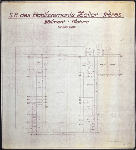 Etueffont-Bas, "Société Anonyme des Etablissement Zeller Frères", plan filature (plan de masse), 2 avril 1948.