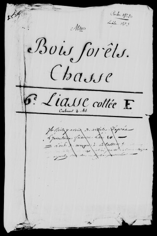 Etats descriptifs et estimatifs des bois, ordonnances, édits du roi de France et arrêts du Conseil concernant l'exploitation des forêts et la création de maîtrises, projets de règlements pour la conservation des forêts, plans de coupes, prétentions de certaines communautés à la propriété des forêts, amendes forestales (XVIe-XVIIIe siècles), bois de chauffage fournis à divers (XVIIIe siècles).