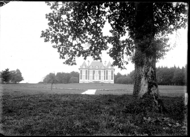 Château vu depuis le parc, sous un autre angle, sur la droite un arbre : plaque de verre 13x18 cm.
