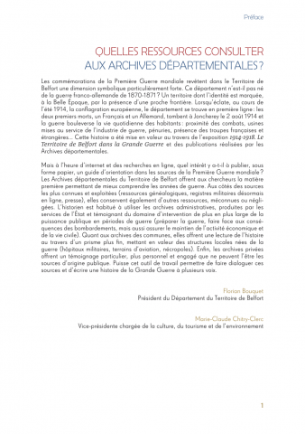 1914-1918 Guide des sources aux Archives du Territoire de Belfort